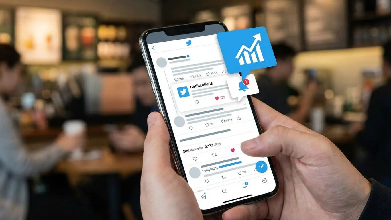 A person holds a smartphone displaying a social media app with notification and growth icons, while quoted Twitter threads are visible on the screen inside a busy café. Uploaded on aifreeforever.com