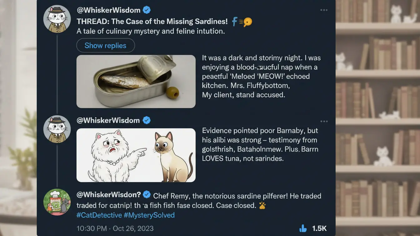 A shared Twitter thread features a sardine tin, a white fluffy cat, and a brown cat, with text narrating a fictional cat detective story about missing sardines. Uploaded on aifreeforever.com