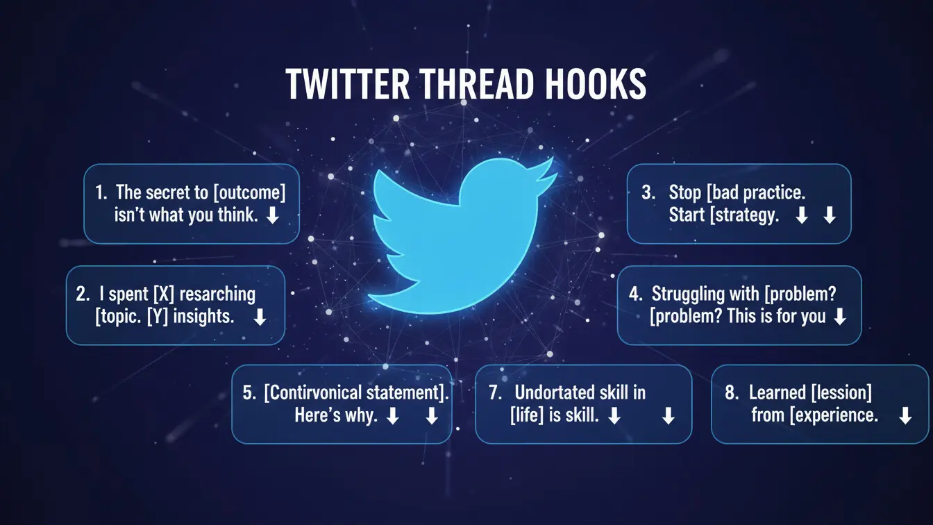 Image showing a large Twitter logo in the center, surrounded by seven suggested hooks for engaging Twitter threads—each prompt designed to inspire tweets that are easily quoted or widely shared. Uploaded on aifreeforever.com