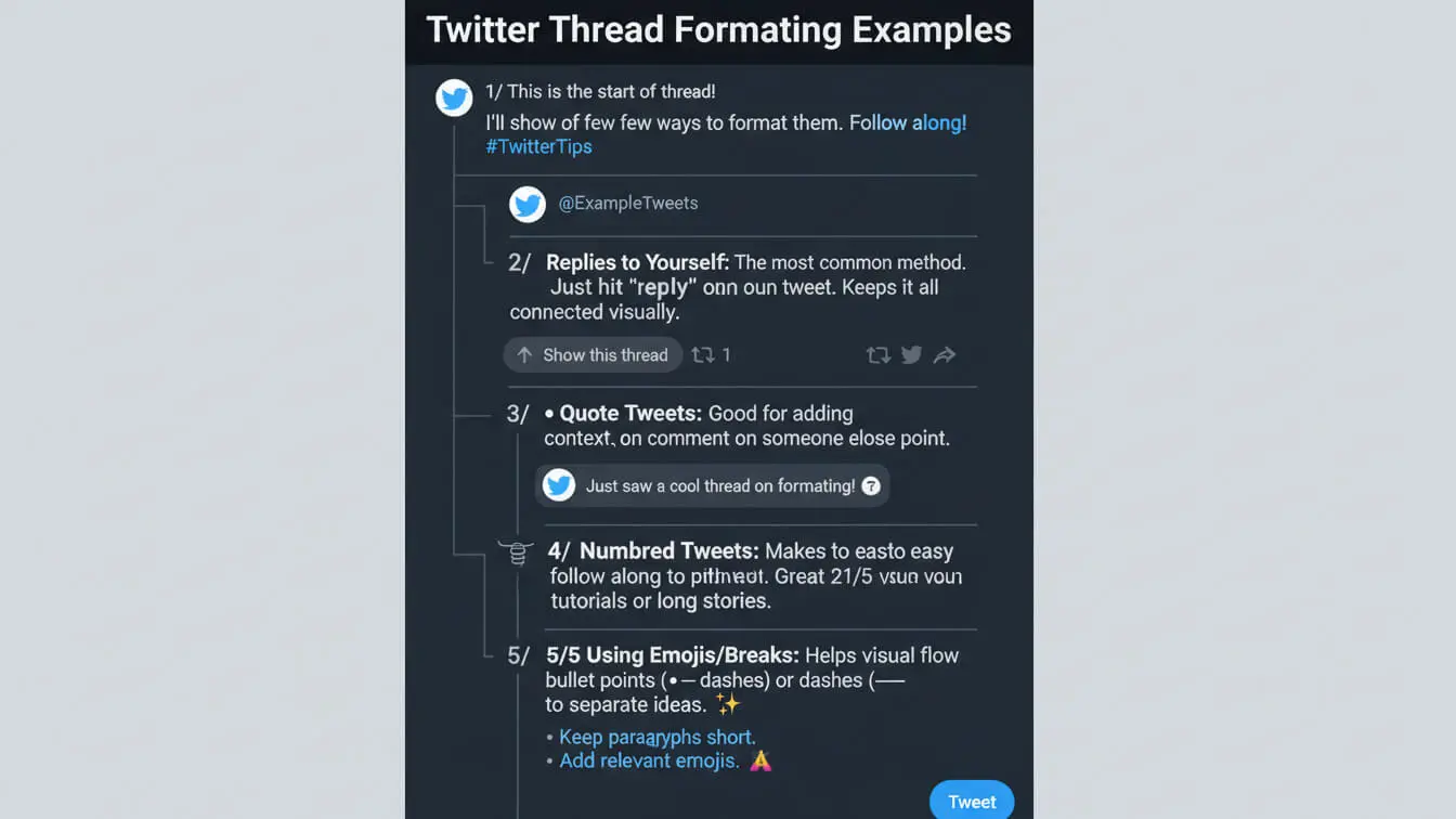 Screenshot of a shared Twitter thread displaying five formatting examples: replies to yourself, quoted tweets, numbered tweets, and using emojis or breaks to organize content. Uploaded on aifreeforever.com