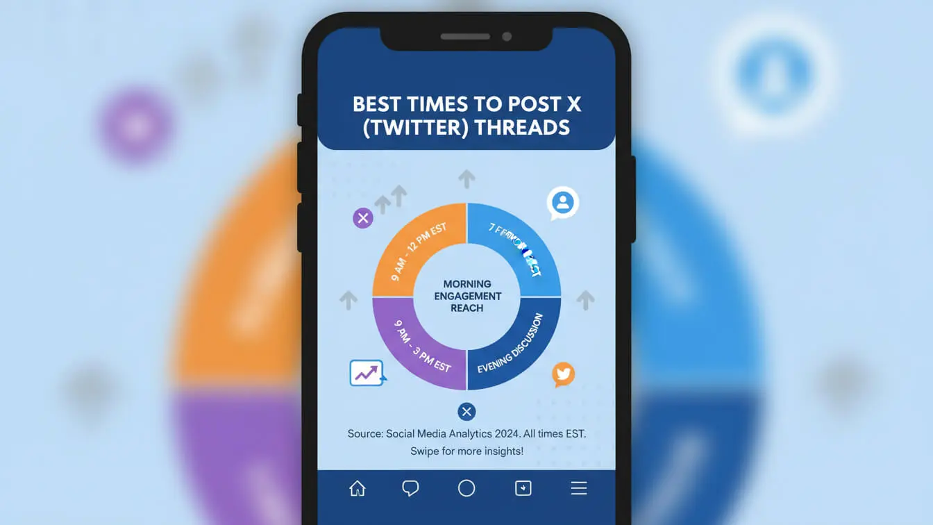 A smartphone displays a chart with Twitter tips, showing the best times to post X (Twitter) threads—highlighting mornings for top engagement and reach, with specific peak activity times labeled for effective social media sharing. Uploaded on aifreeforever.com