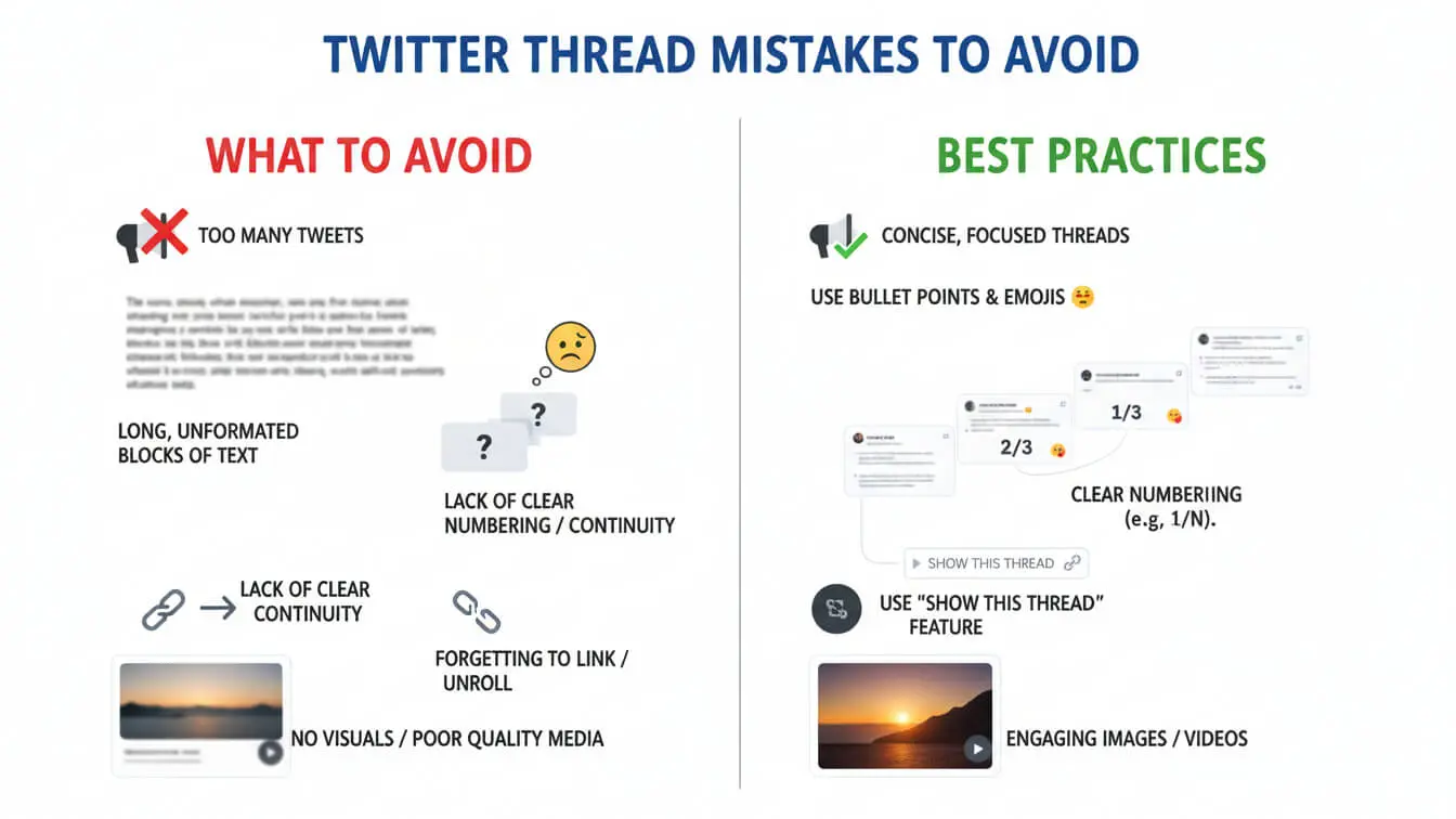 Infographic sharing top Twitter Threads tips for 2026: avoid mistakes like too many tweets or poor visuals, and follow best practices such as concise threads, clear numbering, and engaging media. Uploaded on aifreeforever.com