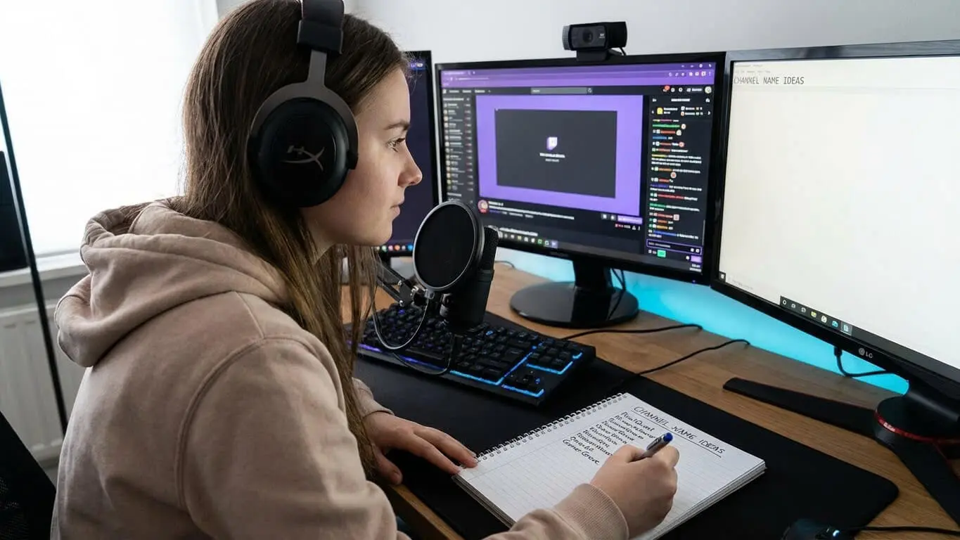 A person wearing headphones sits at a desk with two monitors, a microphone, and a keyboard, jotting notes in a notebook while watching a livestream about creative Twitch names open on one of the screens. Uploaded on aifreeforever.com