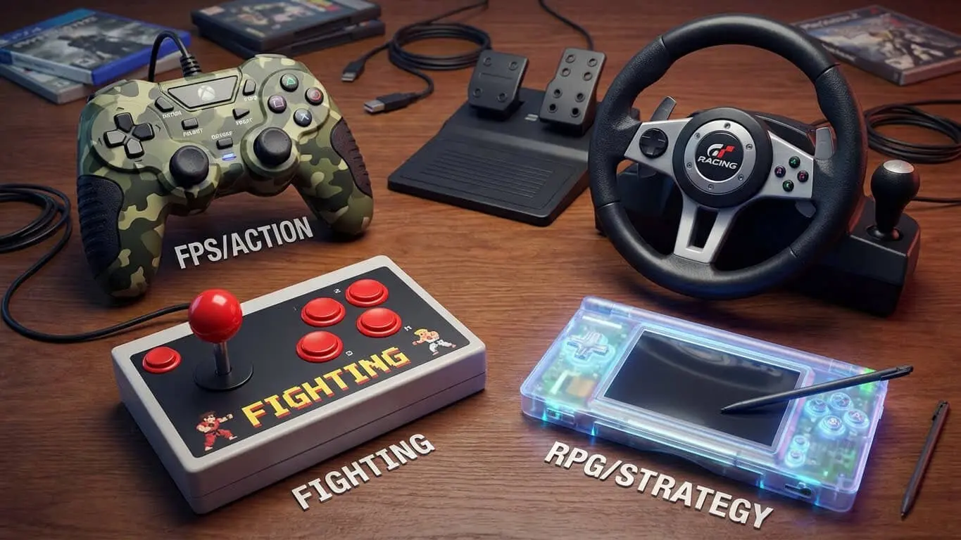 Four gaming controllers labeled by genre—perfect for finding creative ways to choose your channel theme or even inspire a Twitch name generator session—rest on a wooden table: camo gamepad (FPS/Action), arcade stick, racing wheel, and handheld console. Uploaded on aifreeforever.com