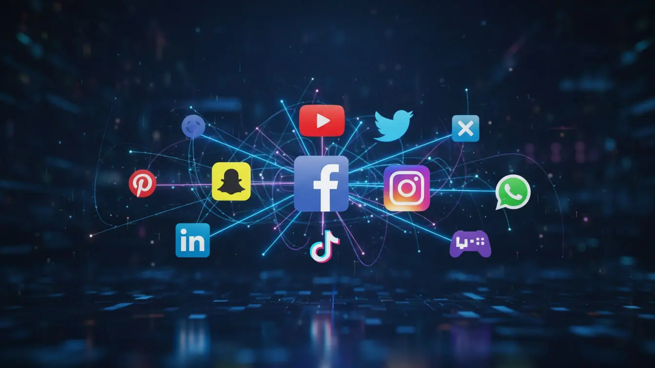 A digital graphic displaying various social media icons, including Facebook, Instagram, Twitter, YouTube, LinkedIn, WhatsApp, and others—plus a Twitch channel icon—connected by glowing lines on a dark background. Uploaded on aifreeforever.com