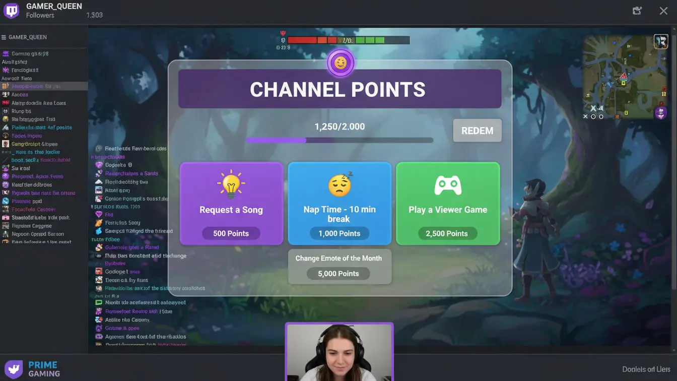 A Twitch channel's livestream interface displays a Channel Points redemption menu—Request a Song, Nap Time, Play a Viewer Game, and Change Emote—alongside the streamer’s webcam. Great for those brainstorming creative Twitch names or using a Twitch name generator. Uploaded on aifreeforever.com