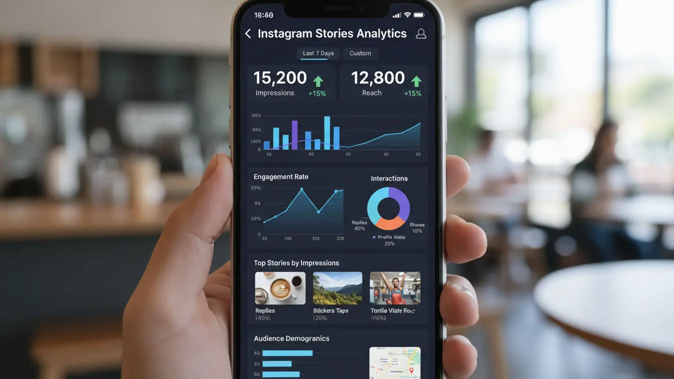 A hand holds a smartphone displaying Instagram Stories analytics, showcasing top Engagement Hacks with insights on impressions, reach, engagement rates, and audience demographics. Uploaded on aifreeforever.com