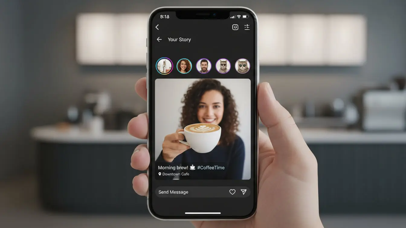 A hand holds a smartphone displaying an Instagram Story, showing a woman with curly hair holding a latte in a café. The phone interface and blurred café background add to the appeal—perfect for boosting followers with creative engagement hacks. Uploaded on aifreeforever.com