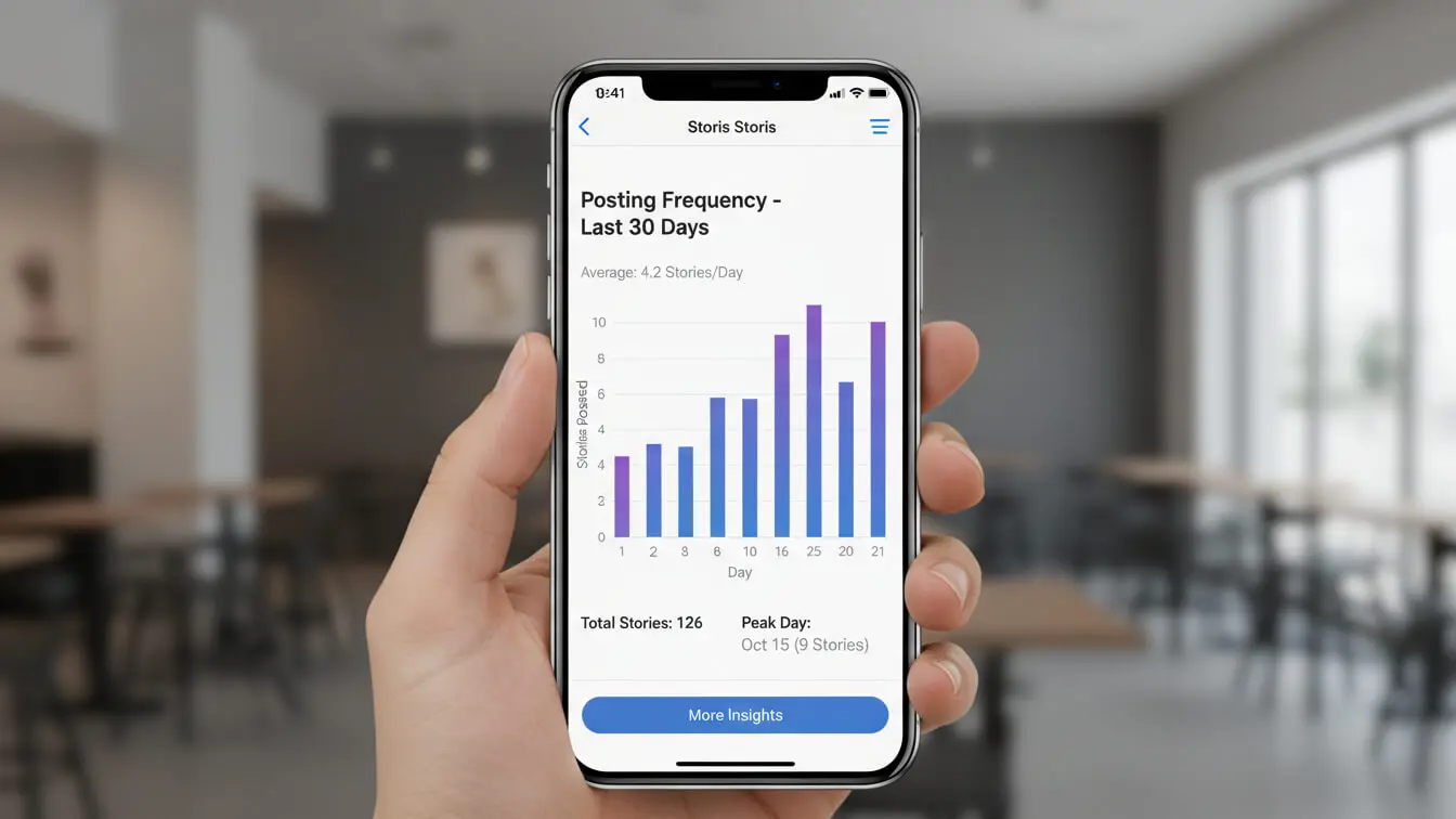 A hand holds a smartphone displaying a bar chart titled Posting Frequency - Last 30 Days, illustrating daily story counts and totals—perfect for tracking Instagram Stories engagement—against a blurred indoor background. Uploaded on aifreeforever.com