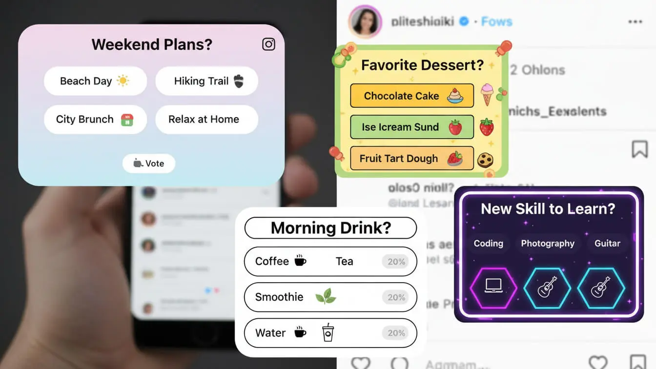 A smartphone screen displays several colorful Instagram Stories poll widgets about weekend plans, favorite dessert, morning drink, and learning new skills—showcasing results and fun engagement hacks to connect with followers. Uploaded on aifreeforever.com