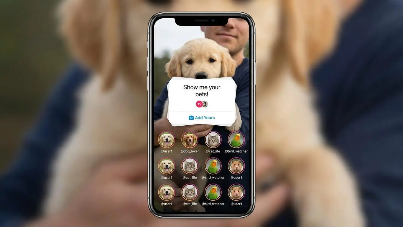 A smartphone displays an Instagram story asking users to Show me your pets!—a fun way to boost Instagram Stories engagement—with a background image of a person holding a golden retriever puppy. Uploaded on aifreeforever.com