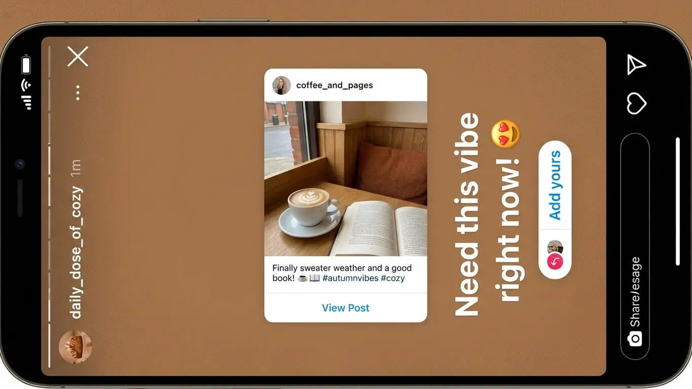 A smartphone screen displays an Instagram story featuring a photo of a latte and an open book on a wooden table by a window, with cozy autumn decor—perfect for boosting Instagram Stories engagement. Uploaded on aifreeforever.com