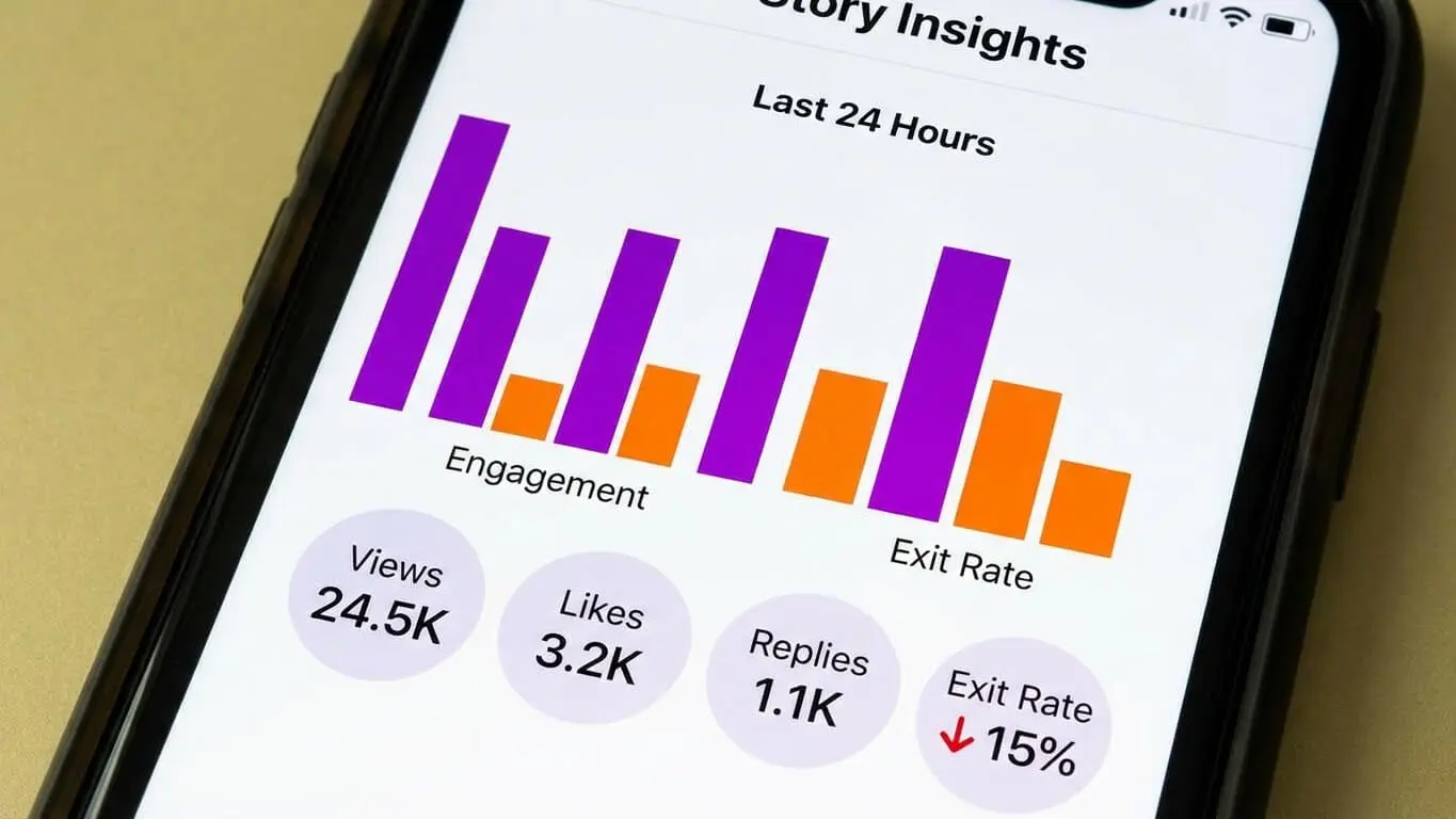 A smartphone screen displays Instagram Stories insights with bar graphs for engagement and exit rate, plus metrics: 24.5k views, 3.2k likes, 1.1k replies, and a 15% drop in exit rate—perfect for tracking Engagement Hacks with your Followers. Uploaded on aifreeforever.com