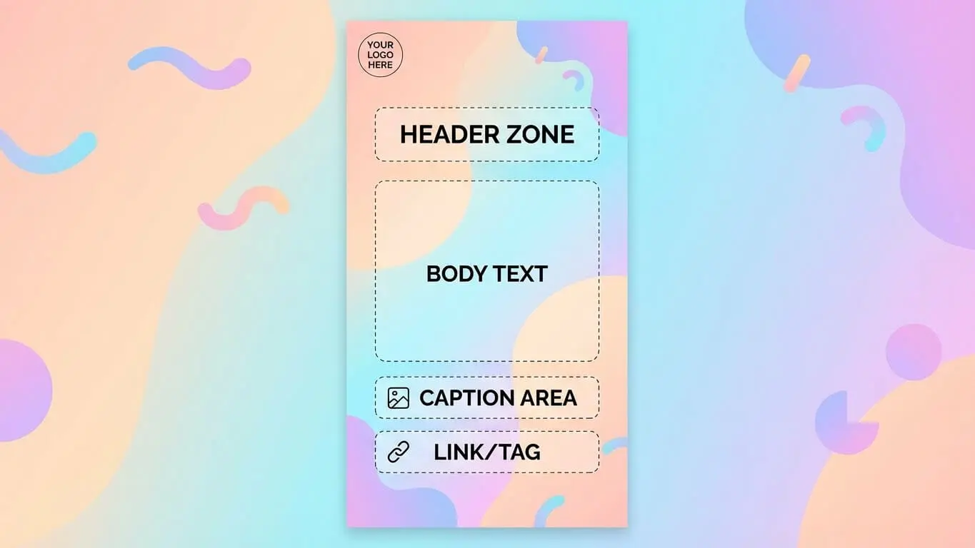 A pastel gradient social media template designed to boost Instagram Stories engagement, featuring labeled sections—Header Zone, Body Text, Caption Area, Link/Tag—and a logo placeholder at the top left. Uploaded on aifreeforever.com
