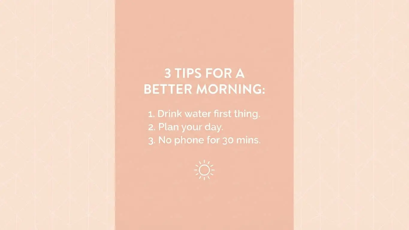 A graphic for Instagram Stories shares 3 morning tips: drink water first, plan your day, and avoid your phone for 30 minutes. A small sun icon is at the bottom—perfect for boosting engagement hacks with your followers. Uploaded on aifreeforever.com