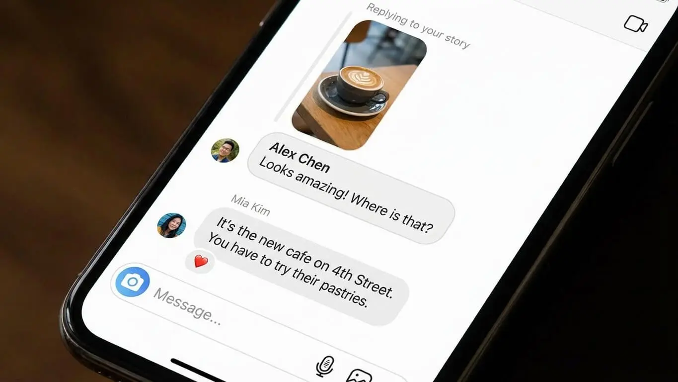 A smartphone screen shows a messaging app conversation about a café, featuring a photo of latte art and messages discussing its location and pastries—perfect content to boost Instagram Stories engagement. Uploaded on aifreeforever.com