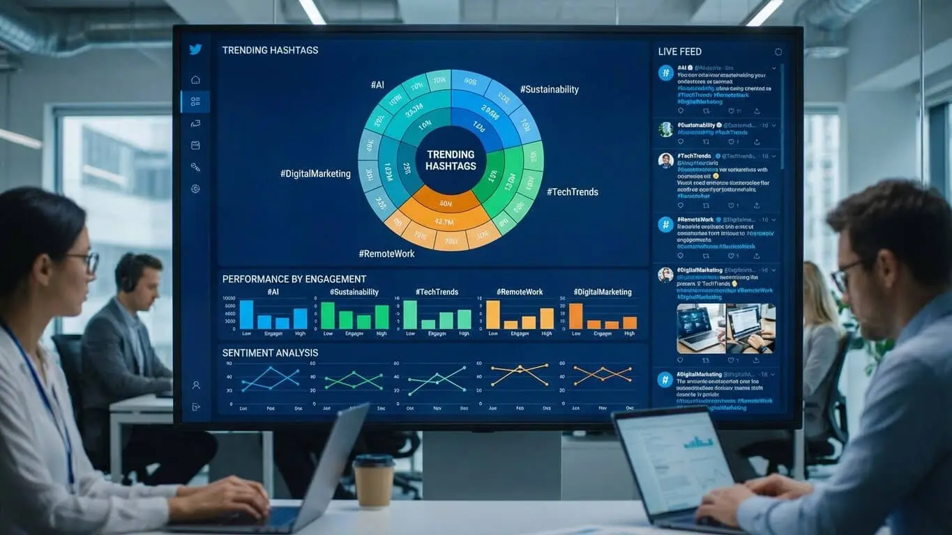 Two people work at desks in an office, viewing a large screen displaying social media analytics including trending hashtags, sentiment analysis, and live feed social media posts to refine their hashtag strategy and reach the right audience. Uploaded on aifreeforever.com