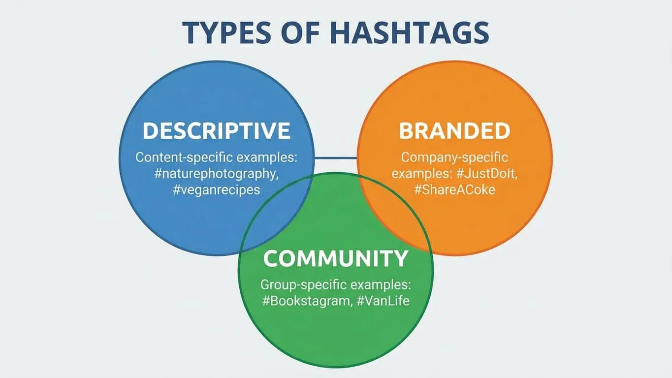 Venn diagram showing three types of hashtags—Descriptive, Branded, and Community—with examples to enhance your hashtag strategy and help get your posts seen by the right audience for content-specific, company-specific, and group-specific uses. Uploaded on aifreeforever.com
