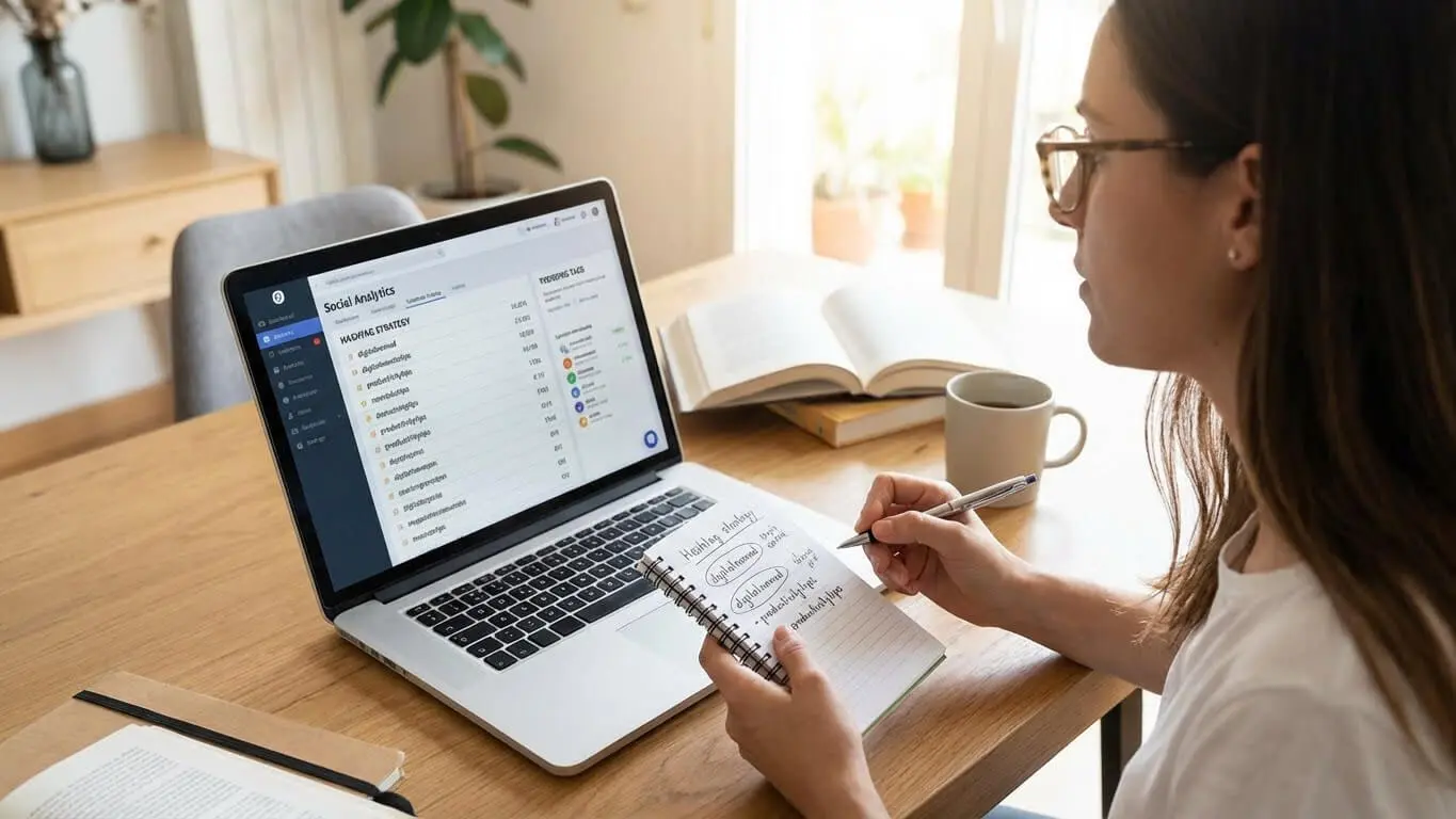 A woman sits at a desk with a laptop displaying a task management app, taking notes in a notebook as she plans her hashtag strategy to reach the right audience, surrounded by open books and papers. Uploaded on aifreeforever.com