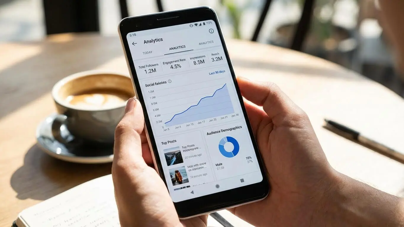 Person holding a smartphone displaying analytics data with graphs and charts; a cup of coffee and notebook are on the table in the background—tracking your hashtag strategy to get posts seen by the right audience. Uploaded on aifreeforever.com