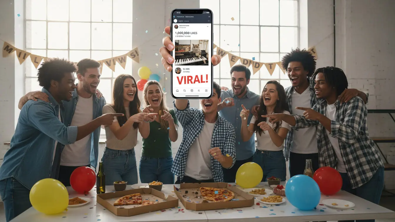 A group of young adults celebrate around a table with pizza and drinks as one person shows a phone displaying a viral video, sharing tips on hashtag strategy to get posts seen by the right audience on social media. Uploaded on aifreeforever.com