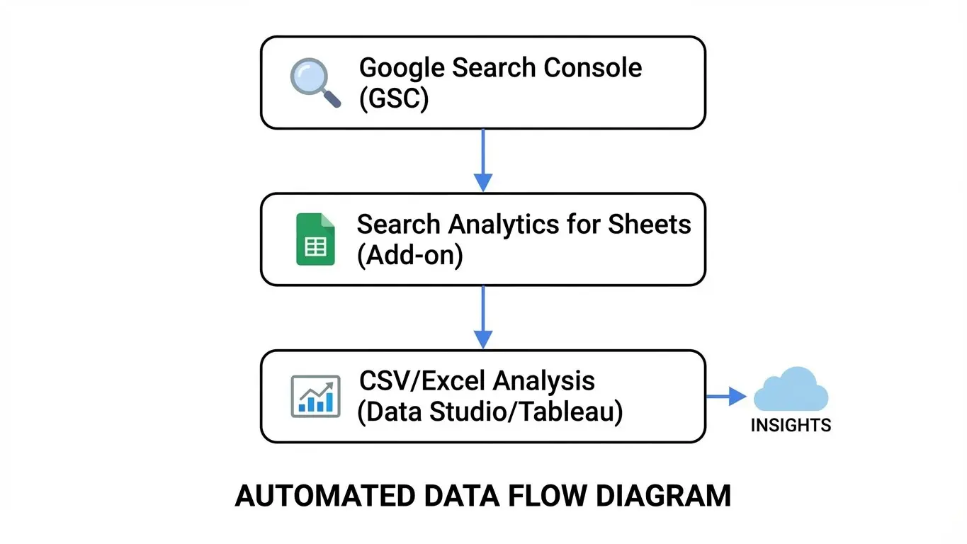 Automated data flow diagram showing how to Export Google Search Console Data into Search Analytics for Sheets, then to CSV/Excel analysis, enabling you to export more than 1000 rows and gain valuable insights. Uploaded on aifreeforever.com