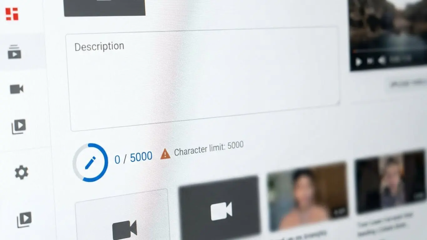 A computer screen displays a YouTube video upload page, highlighting the description text box and its 5,000 character limit—perfect for optimizing 2026 YouTube descriptions and boosting SEO. Uploaded on aifreeforever.com