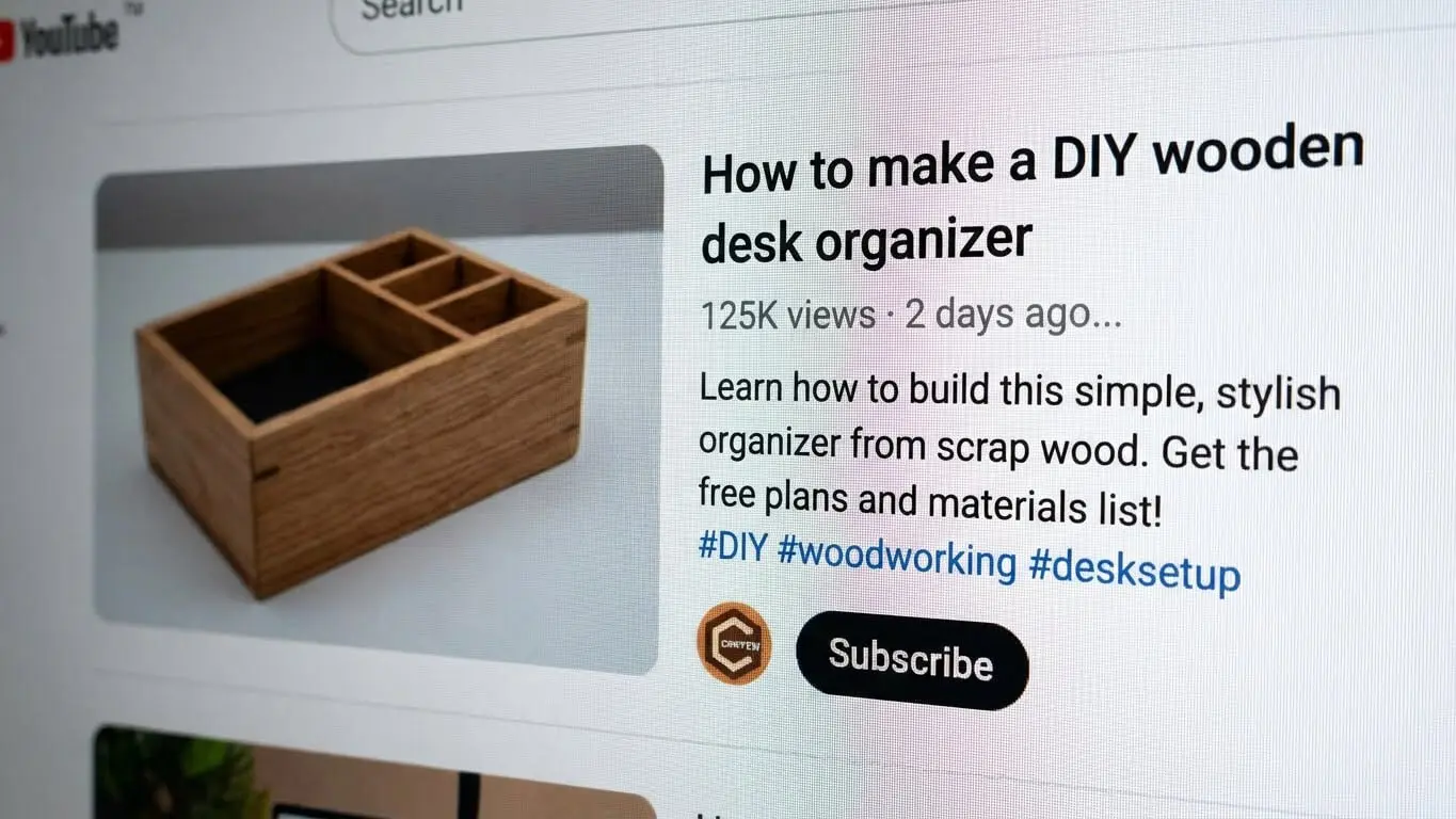 A computer screen displays a YouTube video titled How to make a DIY wooden desk organizer, featuring a thumbnail of the organizer and SEO-friendly YouTube descriptions along with relevant hashtags. Uploaded on aifreeforever.com