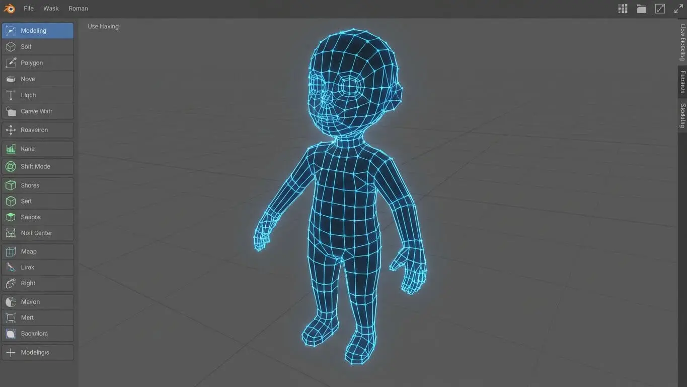 A 3D modeling software interface displays a blue wireframe model of a stylized human figure in a neutral pose, showcasing Low Poly 3D Art techniques. Modeling tools and AI-powered prompts are visible on the left side of the screen. Uploaded on aifreeforever.com