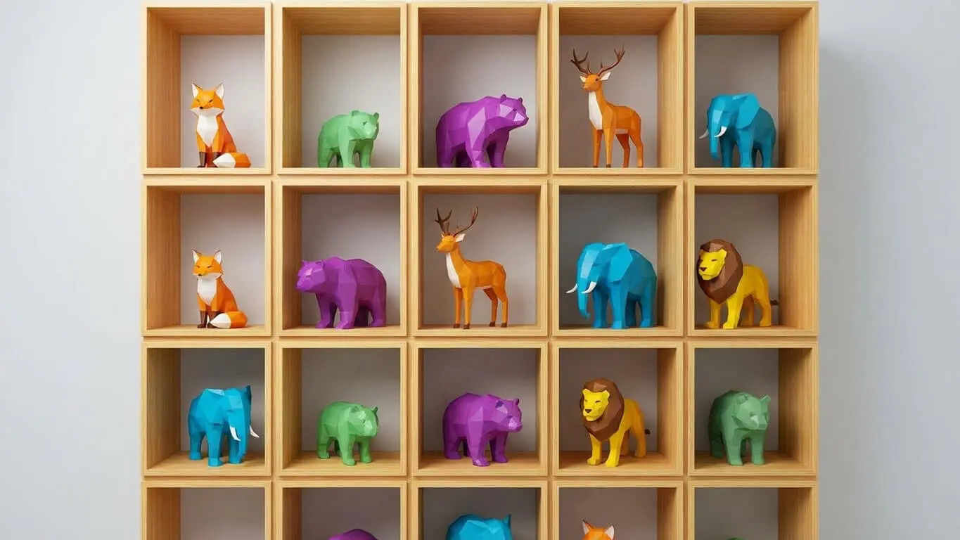 A wooden shelf with five rows and four columns displays colorful Low Poly 3D Art animal figures, including foxes, bears, stags, lions, and elephants. Uploaded on aifreeforever.com