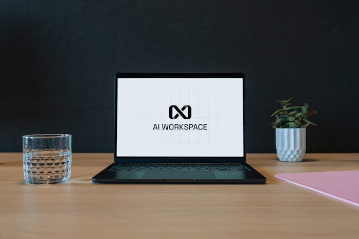 Laptop with ai workspace logo on screen