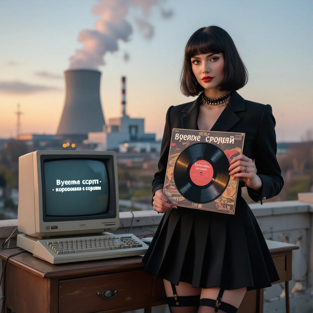 A woman in black clothing stands outdoors near a vintage computer, holding a vinyl record. A power plant with smoke stacks is visible in the background, creating a scene reminiscent of those produced by an AI image generator. .Uploaded on aifreeforever.com