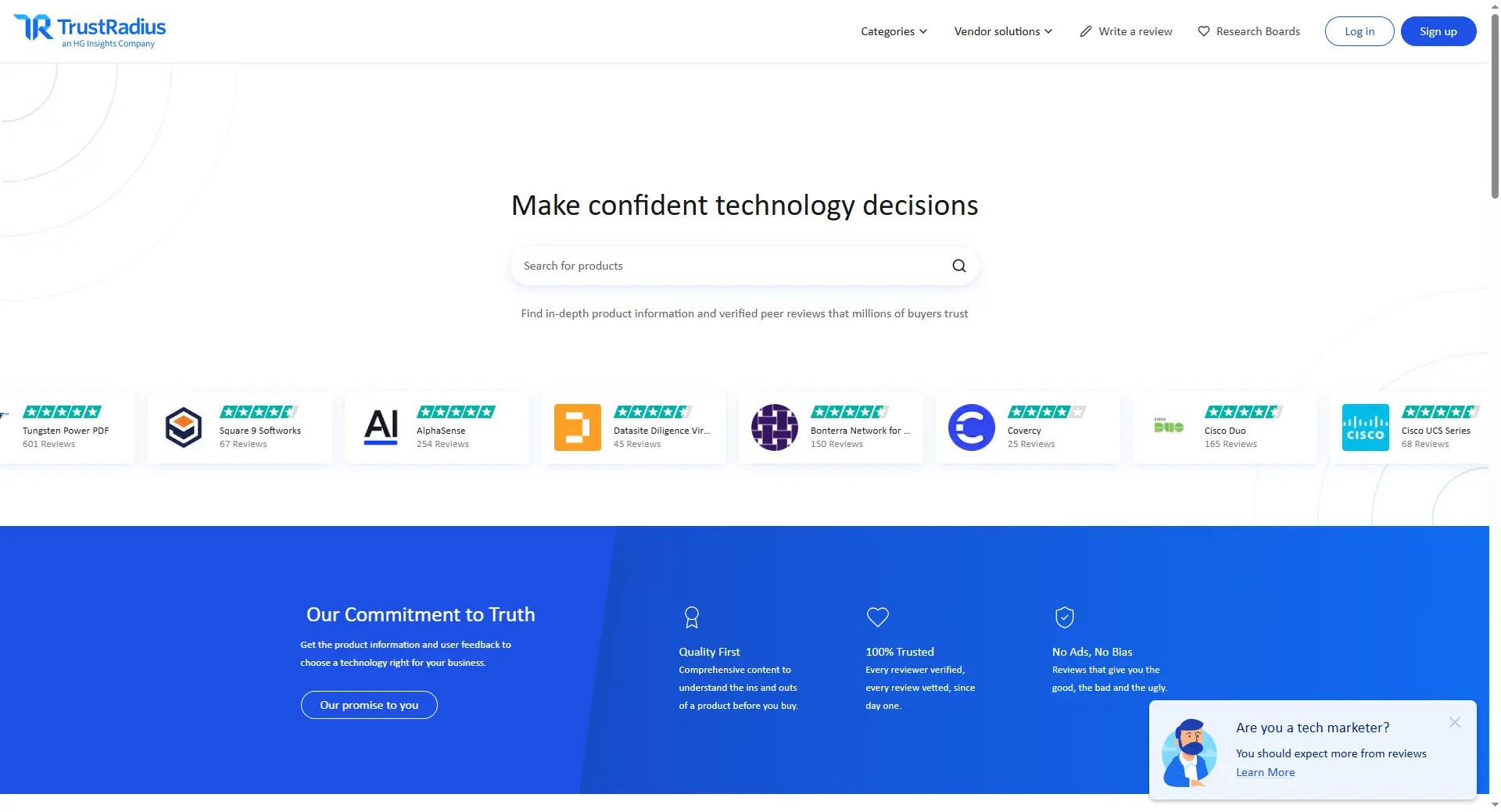 Screenshot of the TrustRadius homepage featuring a search bar to find softwares, product ratings, and sections highlighting quality reviews, transparency, and data integrity on leading software comparison sites. Uploaded on aifreeforever.com