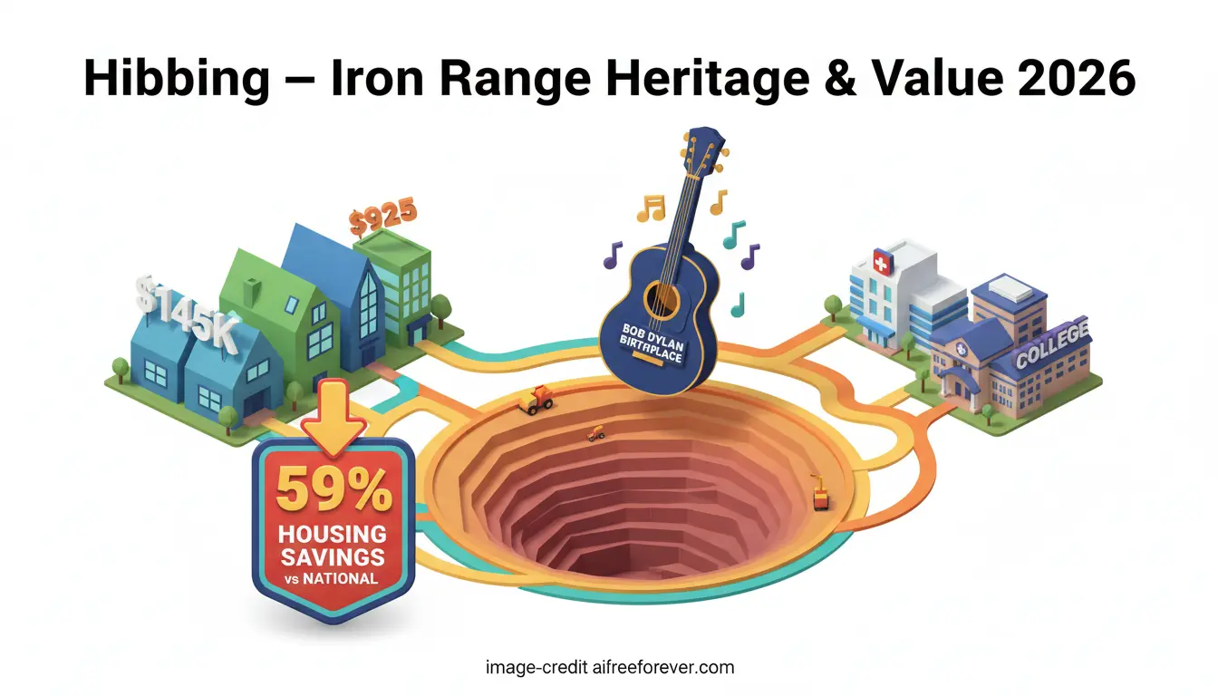 Illustration showing Hibbings Iron Range with houses, businesses, a college, cost savings, and a music-themed landmark—highlighting local heritage and why it's among the cheapest places to live in Minnesota for 2026. Uploaded on aifreeforever.com