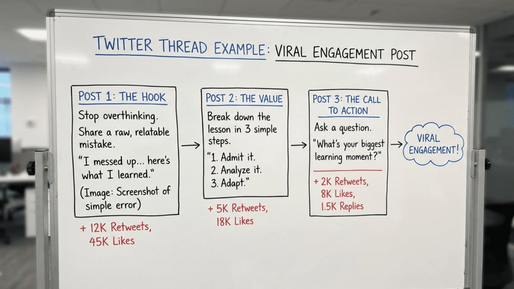 A whiteboard breaks down a viral Twitter thread format—hook, value, and call to action—plus engagement stats for each, making it perfect for those learning Twitter Marketing for Beginners or aiming for fast X Account Growth. Uploaded on aifreeforever.com