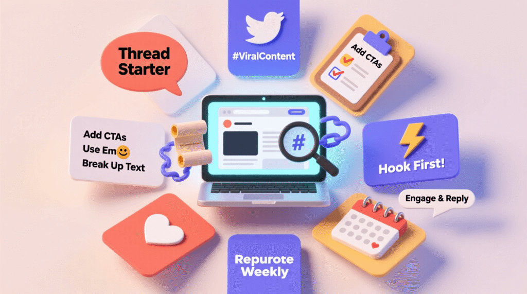 Digital illustration showing a laptop surrounded by social media icons and content strategy tips, including Add CTAs, Hook First!, Thread Starter, Repurpose Weekly, and how to turn Twitter threads into engaging content or blog posts. Uploaded on aifreeforever.com