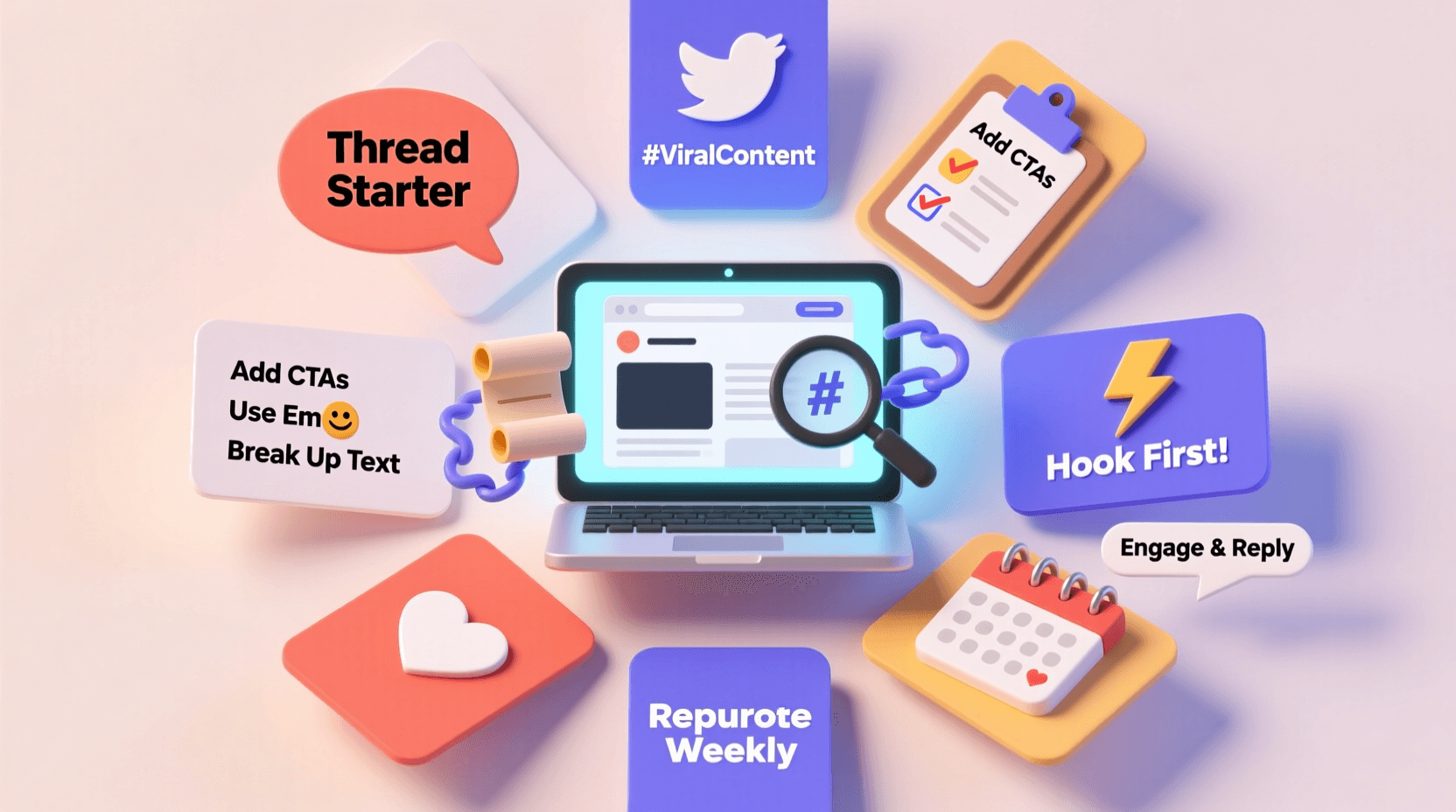 Digital illustration showing a laptop surrounded by social media icons and content strategy tips, including Add CTAs, Hook First!, Thread Starter, Repurpose Weekly, and how to turn Twitter threads into engaging content or blog posts. Uploaded on aifreeforever.com