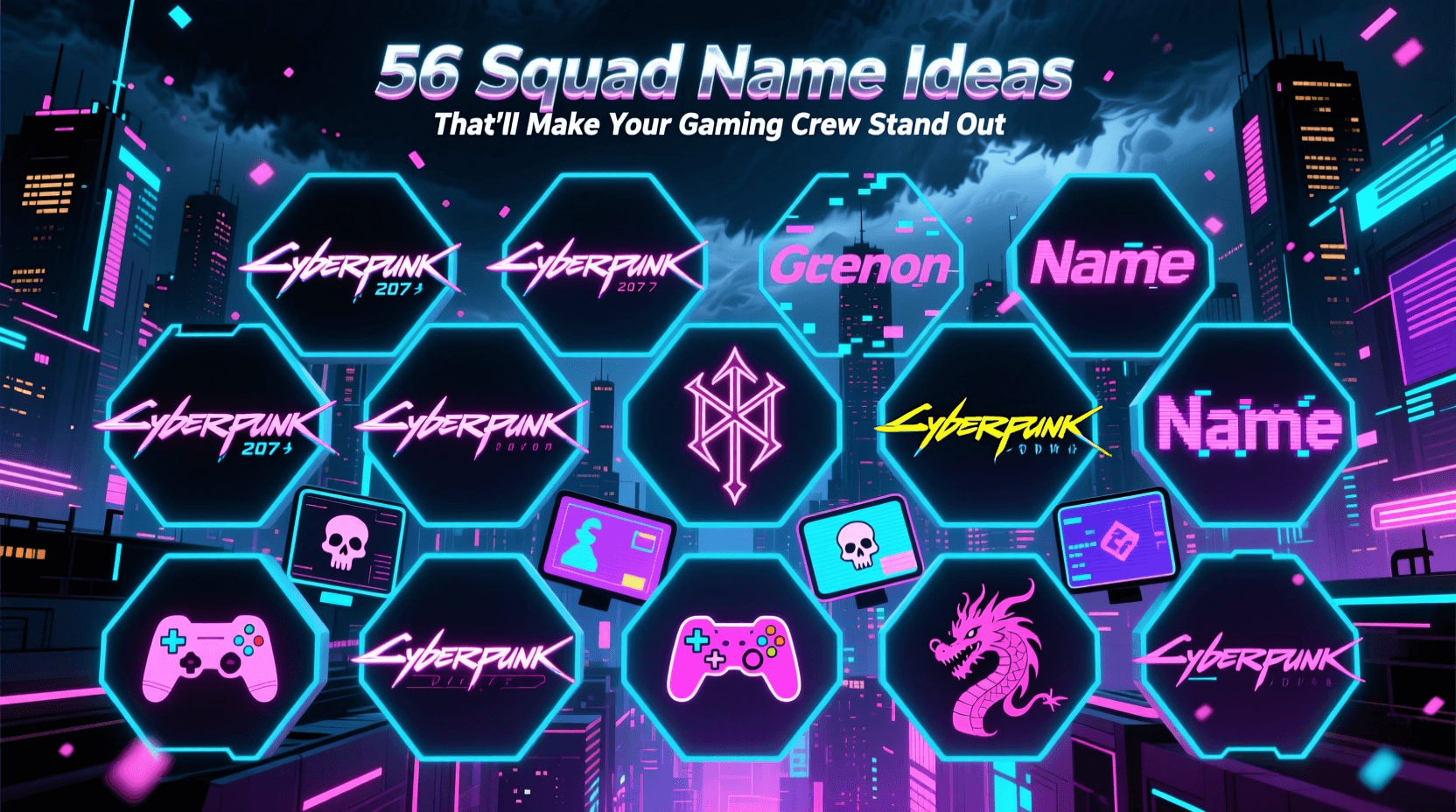 Futuristic neon city background with hexagonal panels displaying various Cyberpunk logos, Squad name ideas to help your gaming crew stand out, gaming icons, and phrases like Genon Name. Uploaded on aifreeforever.com