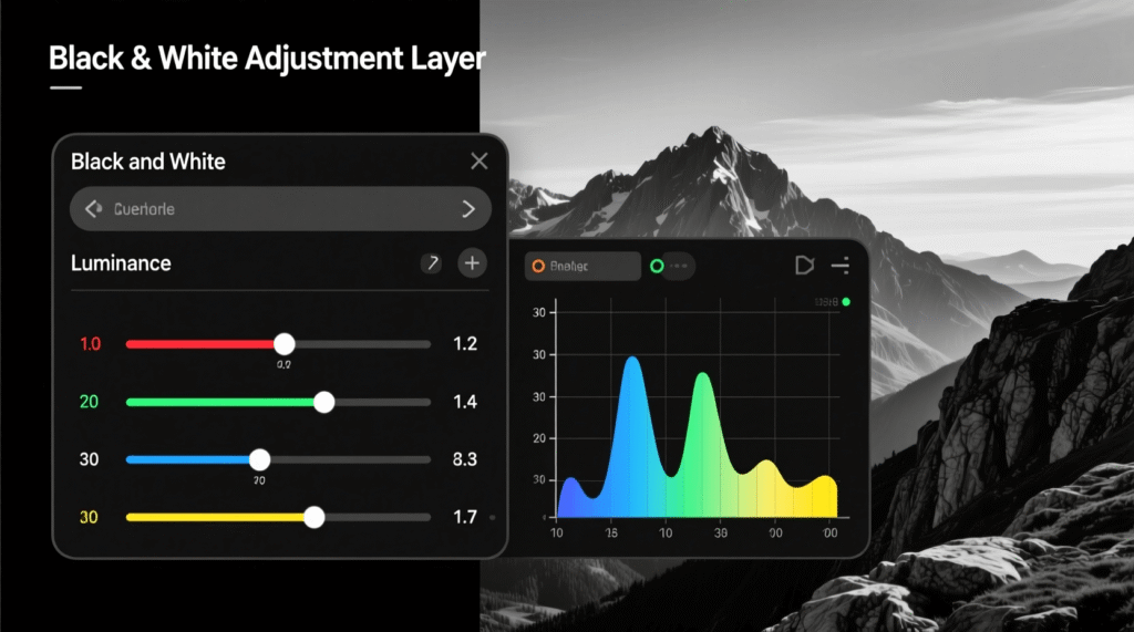A monochromatic image of a mountain landscape in black and white, enhanced with a digital Photoshop interface overlay displaying luminance sliders and a color frequency histogram. Uploaded on aifreeforever.com