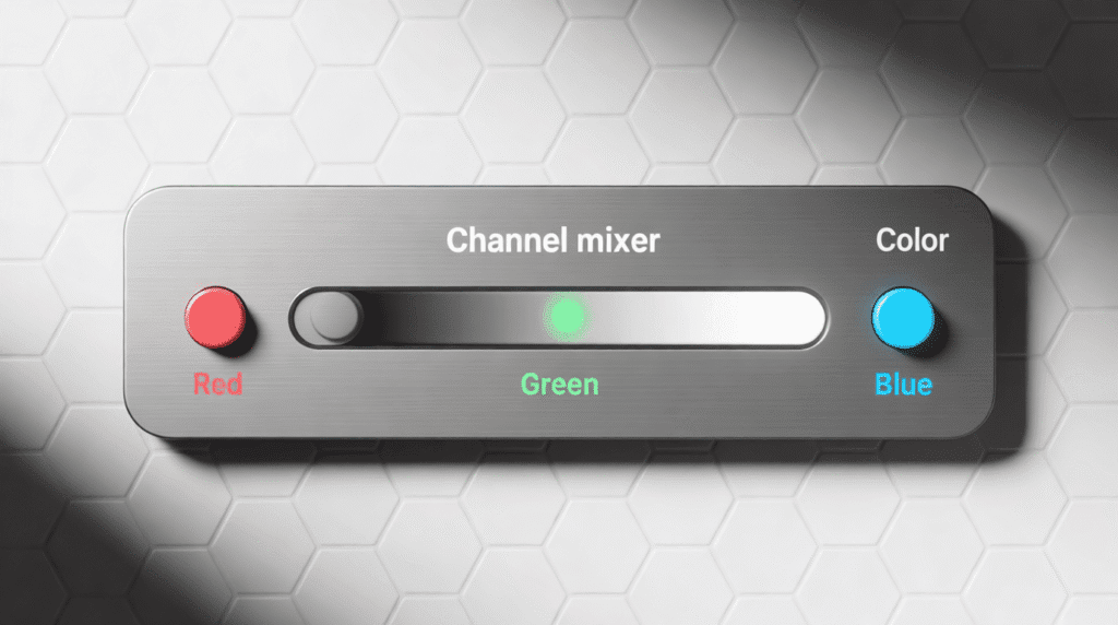 A metallic control panel labeled Channel mixer, reminiscent of Photoshop, with a slider set to green between red and blue buttons on a hexagonal tiled surface—perfect to make a striking monochromatic image. Uploaded on aifreeforever.com