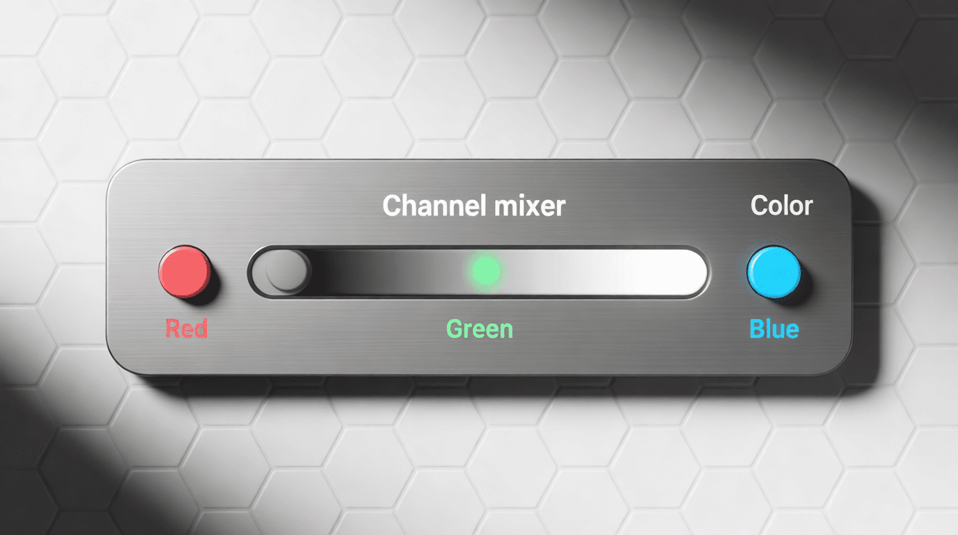 A metallic control panel labeled Channel mixer, reminiscent of Photoshop, with a slider set to green between red and blue buttons on a hexagonal tiled surface—perfect to make a striking monochromatic image. Uploaded on aifreeforever.com