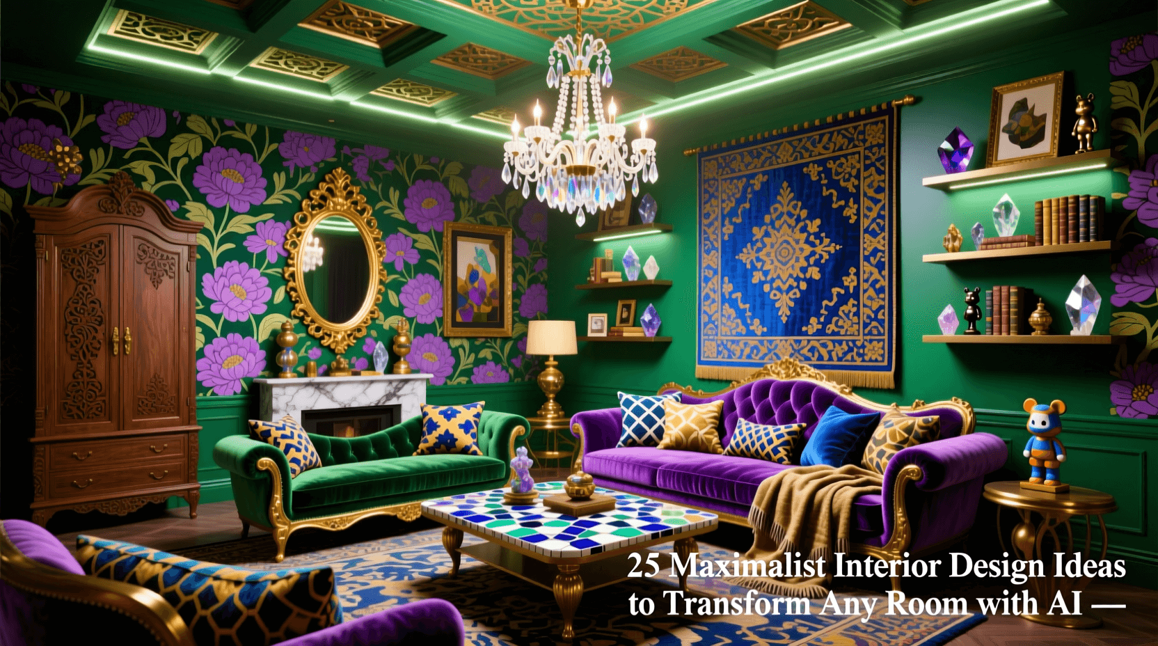 A colorful, ornate living room features green floral wallpaper, velvet sofas, a chandelier, and eclectic decor with gold accents—showcasing Maximalist Interior Design. Discover 25 bold Interior Design Ideas to transform any room with AI. Uploaded on aifreeforever.com
