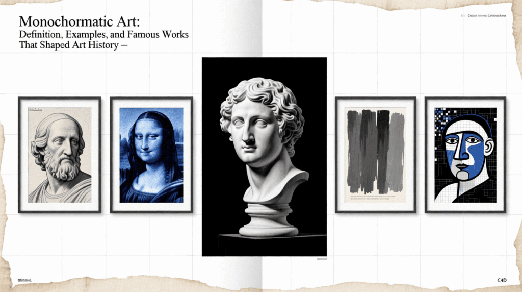 A gallery wall displays five framed monochromatic art pieces inspired by art history, including portraits and abstract designs, with a white bust sculpture centered in front. Uploaded on aifreeforever.com