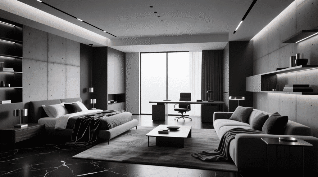 Elegant and modern, this monochromatic bedroom and office space features minimalist decor, dark color tones, and a floor-to-ceiling window—perfect for fans of single-color rooms seeking style and simplicity. Uploaded on aifreeforever.com