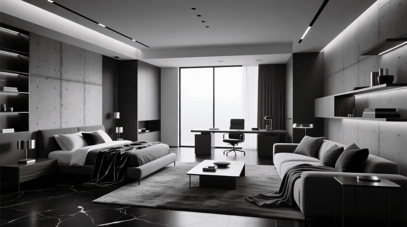 Elegant and modern, this monochromatic bedroom and office space features minimalist decor, dark color tones, and a floor-to-ceiling window—perfect for fans of single-color rooms seeking style and simplicity. Uploaded on aifreeforever.com