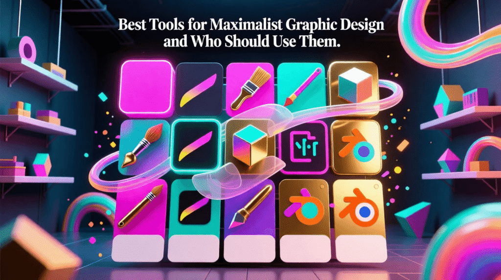 A digital graphic displays colorful app icons for graphic design tools beneath the text “Best Tools for Maximalist Graphic Design and Who Should Use Them” in a vibrant, abstract studio setting. Uploaded on aifreeforever.com