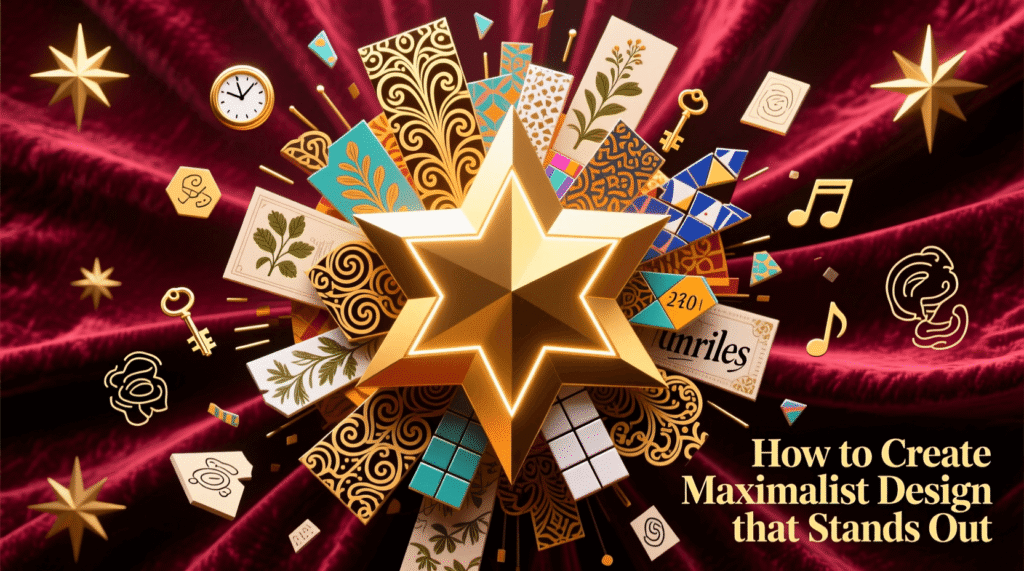 A gold star surrounded by colorful geometric and ornate elements on a red velvet background, with the text How to Create Maximalist Design that Stands Out in the bottom right corner—perfect inspiration for standout design. Uploaded on aifreeforever.com