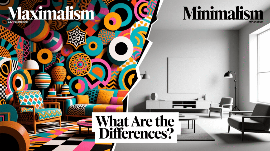 Split image comparing maximalism, with colorful bold patterns and decor, and minimalism, with a simple, monochrome, uncluttered living room. Text reads: What Are the Differences between maximalism and minimalism?. Uploaded on aifreeforever.com