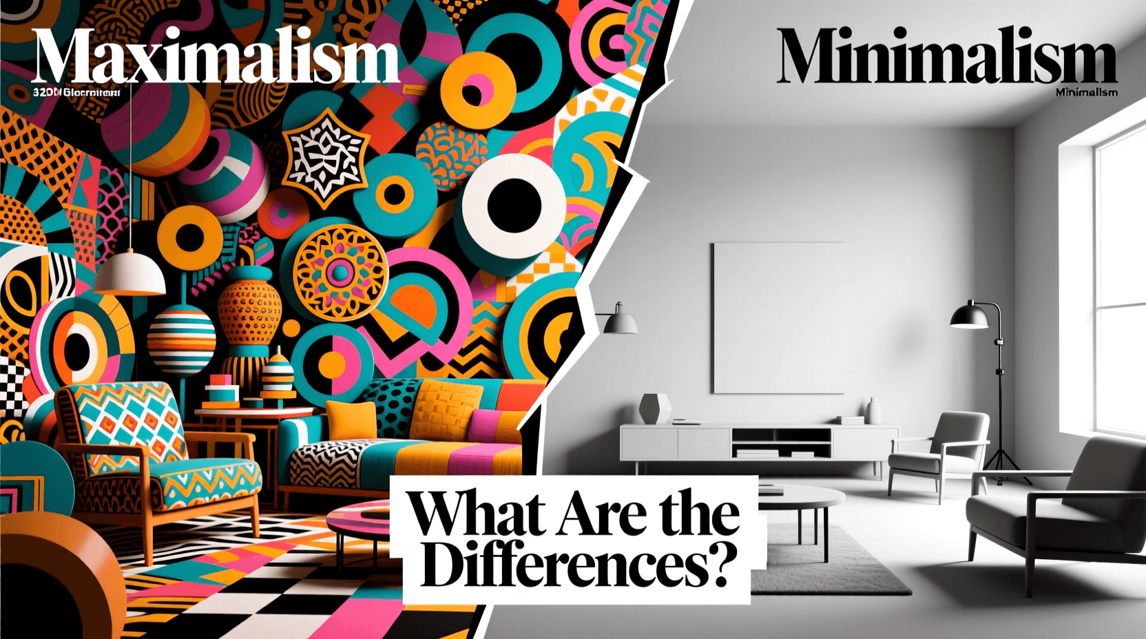 Split image comparing maximalism, with colorful bold patterns and decor, and minimalism, with a simple, monochrome, uncluttered living room. Text reads: What Are the Differences between maximalism and minimalism?. Uploaded on aifreeforever.com