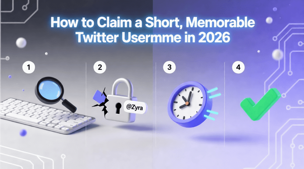 Four steps to claim a short Twitter username in 2026: search for your desired Twitter username, unlock availability, act quickly, and confirm with a green check mark. Uploaded on aifreeforever.com